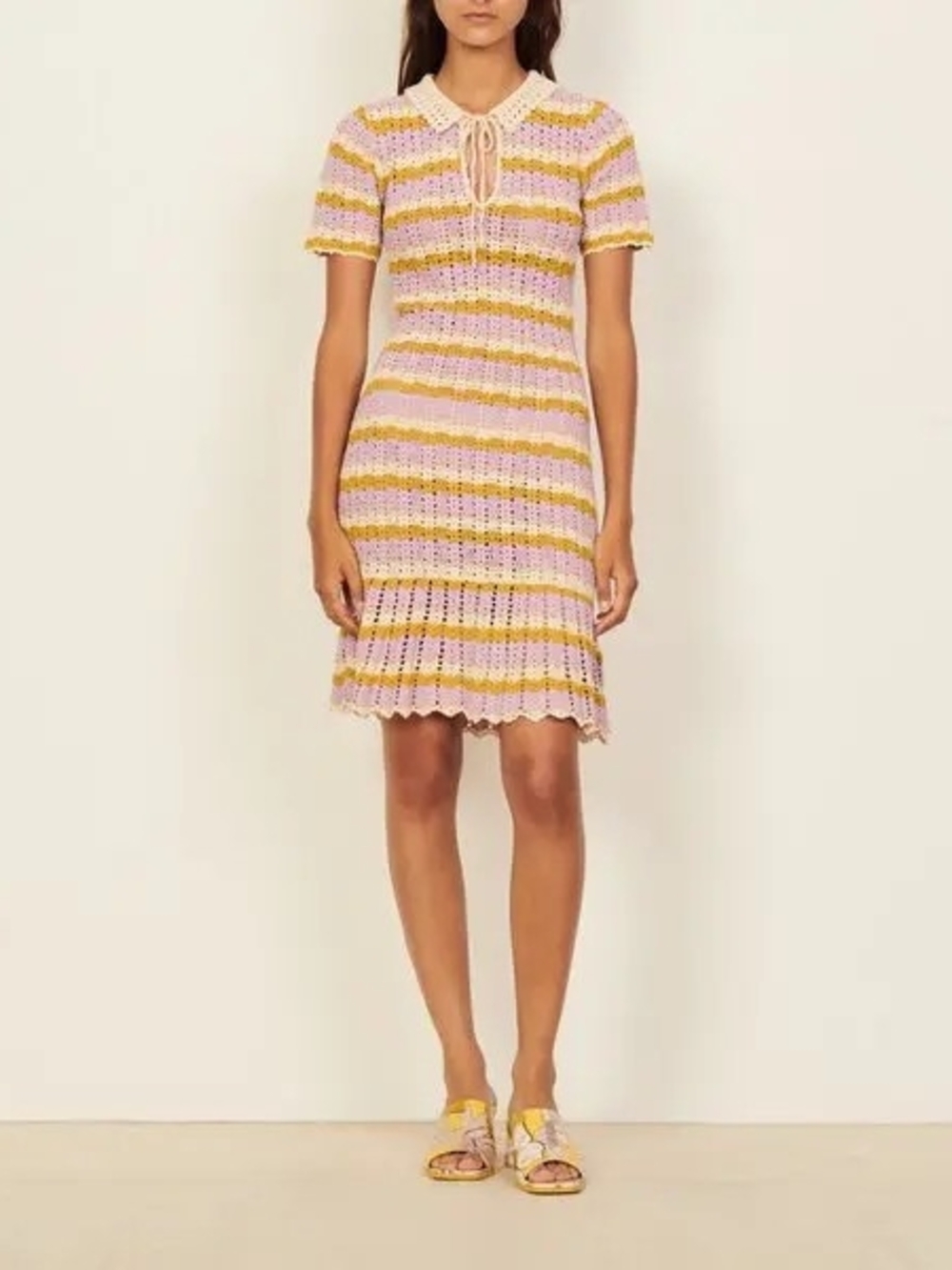 NWT Sandro Pink Purple and Cream Striped Crochet Short-Sleeve Dress Sz 36